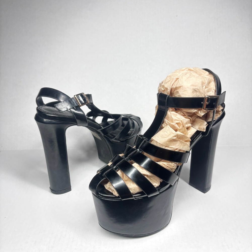 Berness Sofia Black Platform Cage Sandals Chunky Block Heel Ankle Strap Womens 8